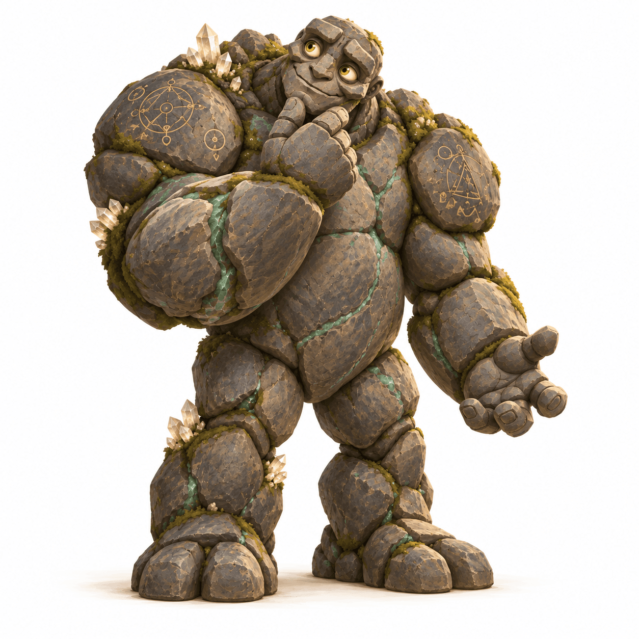 Datus, gigante gentil de pedra, com a cabeça inclinada, a mão no queixo e uma expressão de dúvida.