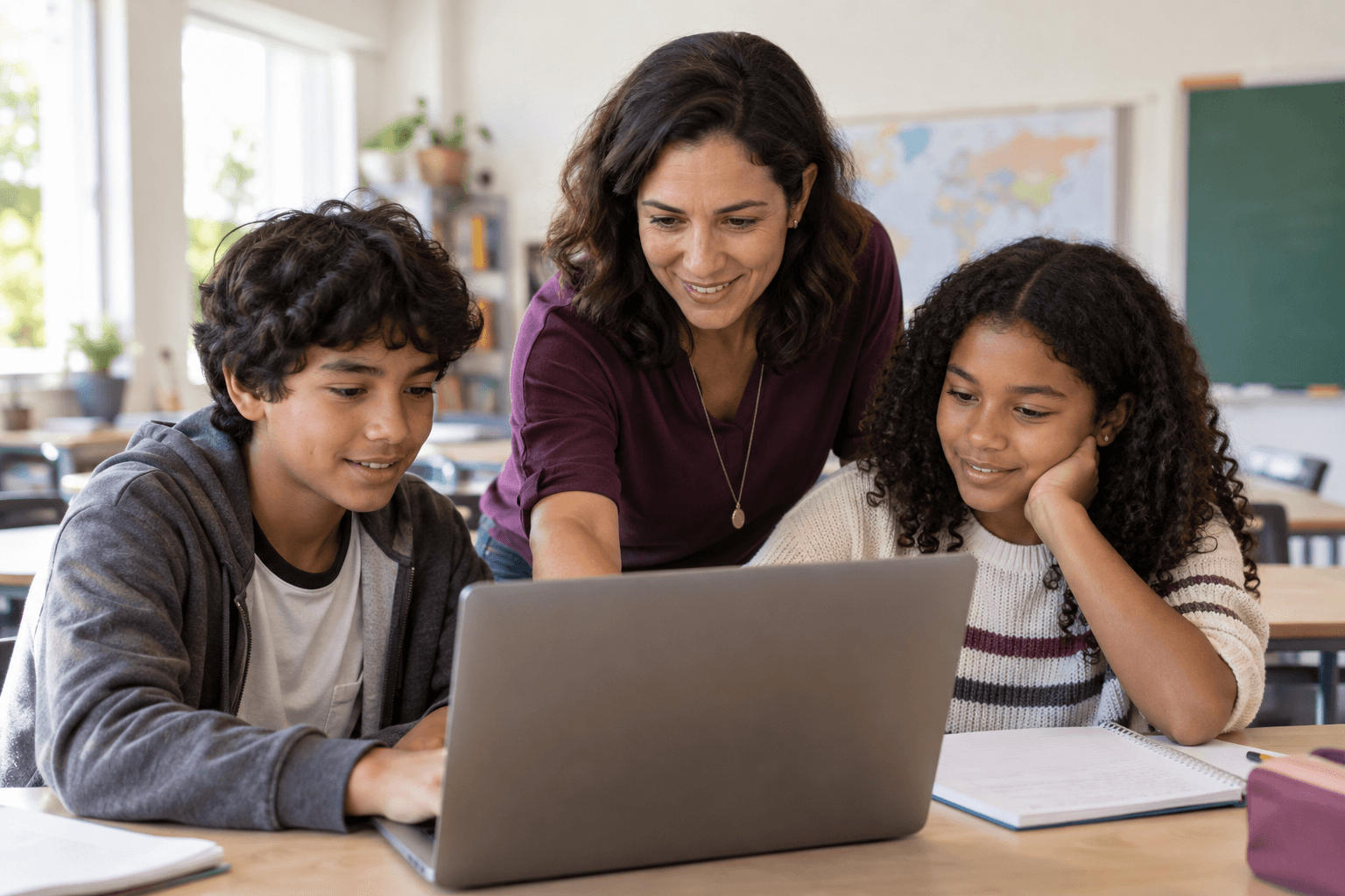 Cena ilustrativa gerada por IA: professora e dois estudantes exploram juntos um computador na sala de aula.
